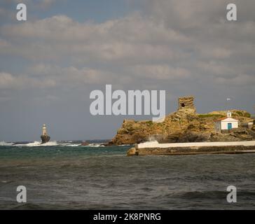 Tourlitis lighthouse in island Andros Stock Photo