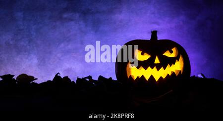 halloween pumpkin lantern in shadow with purple background Stock Photo