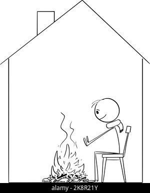 Person Sitting Around Campfire Inside Cold House During Energy Crisis , Vector Cartoon Stick Figure Illustration Stock Vector