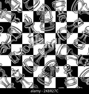 Hand drawn chess pieces seamless pattern. Check mate figures on board. Vector illustration. Stock Vector
