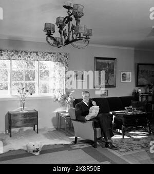 Røros 19490717 author Johan Falkberget in his home Ratvolden. Falkberget sits in the living room smoking pipe, reading the newspaper Røros. Great polar bear skins on the floor. Photo: NTB / NTB Stock Photo