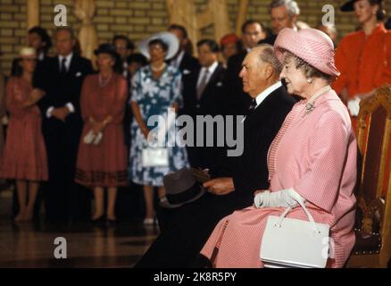 Oslo July 2, 1983. King Olav is 80 years old. Here from the reception in the Storting where he sits with queen mother Elizabeth. Photo: NTB / NTB Stock Photo