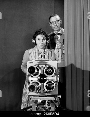 Oslo 19600820: NRK Television started its broadcasts on August 20, 1960. Here editorial secretary Anders Buraas together with assistant Eva Jacobsen at a TV camera during the opening. Photo: Aaserud / Current / NTB Stock Photo