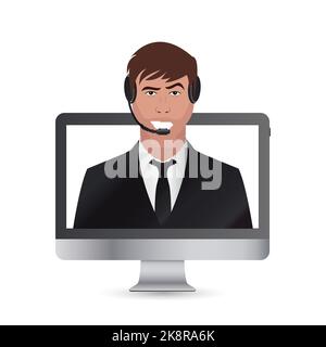 Hotline support service. Man with headphones. Telemarketing. Consultant. Secretary. Vector illustration Stock Vector