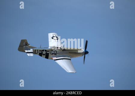 The WWII North American P-51 Mustang making a banked turn over Springbank Airport in blue sky Stock Photo