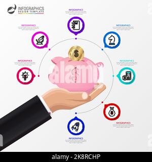 Infographic design template. Business concept with piggy bank. Vector illustration Stock Vector