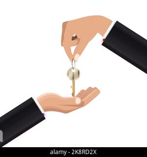 Hand giving keys to other hand. Buying or renting a new car or apartment. Vector illustration Stock Vector