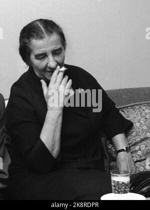Oslo 17 May 1961. Israel's Foreign Minister Gold more visits Norway. Here at a press conference in the Israeli embassy. Golda more sitting on the couch, smoking a cigarette. Photo: Aage Storløkken / Current / NTB Stock Photo