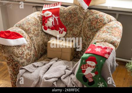 socks and christmas tree preparing for christmas Stock Photo