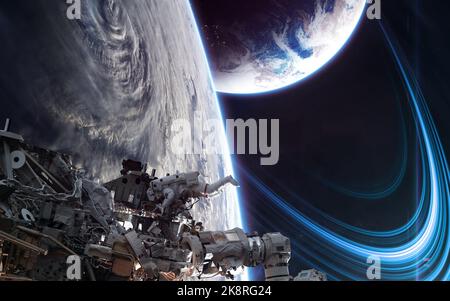 Orbital space station on background of deep space planets Orbital space station on background of deep space planets