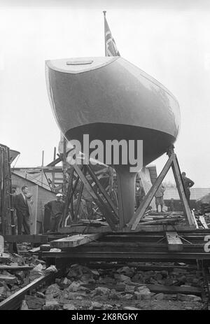 Oslo 1963. Crown Prince Harald's new sailboat, 'Fram III' is launched. Here the boat on the slip. Photo: Arild Hordnes / NTB / NTB Stock Photo