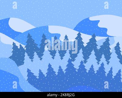 Winter landscape with snowy hills and christmas trees. Mountain landscape in flat style, winter cold weather. Design for posters, travel agencies and Stock Vector