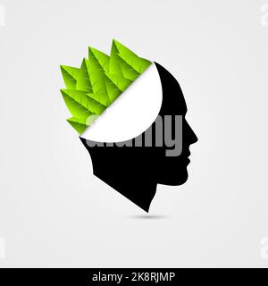 Think Green concept. Open head with leafs. Vector illustration Stock Vector