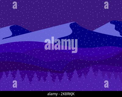 Night winter mountain landscape with falling snow. Mountain landscape in flat style. View of the snowy hills. Design for posters, travel agencies and Stock Vector