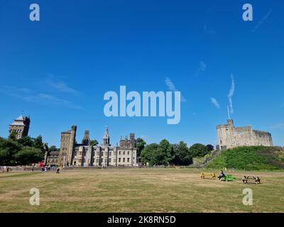 A beautiful shot of a medieval castle in Cardiff, Wales under a blue sky Stock Photo