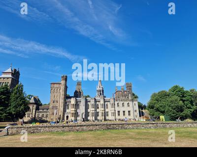 A beautiful shot of a medieval castle in Cardiff, Wales under a blue sky Stock Photo