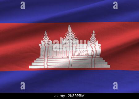 Cambodia Flag With Big Folds Waving Close Up Under The Studio Light 