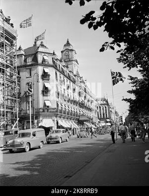 Oslo 19530702. Crown Prince Olav 50 years. Oslo was beautifully decorated with Norwegian flags in connection with the celebration. Here from Karl Johans gate with the Grand Hotel on the left. Photo: Leif Høel / NTB Stock Photo