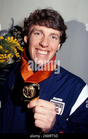 Sarajevo, Yugoslavia 1984-02. The Olympic Winter Games 1984. The picture: Combined. Tom Sandberg (NOR) wins combined February 12, 1984. Here Sandberg with the gold medal. Photo: Erik Thorberg / NTB Stock Photo