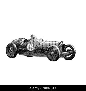 Hand drawn line art style of the 20 and 30s grand prix racing cars. Black and white, original art illustration of an open wheel race car stylized. Stock Photo