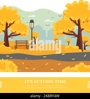 Postcard template with urban autumn landscape - trees in the park, a bench and a lantern, fallen leaves and a panorama of the city. Vector drawing. Fo Stock Vector