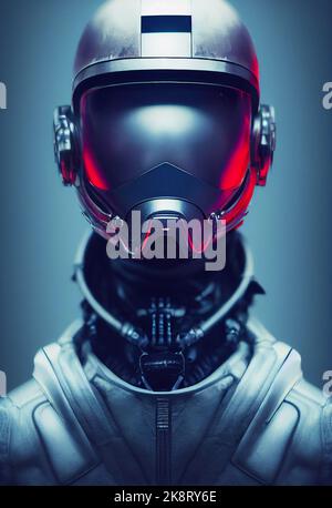 A vertical closeup of an alien illustration with a helmet, red neon lights on, blue background Stock Photo