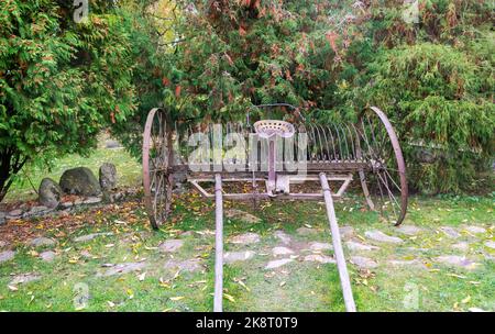 An old horse rake lies on the grass on an autumn day Stock Photo