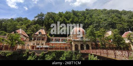 A panoramic view of Baile Herculane spa town in Romania Stock Photo