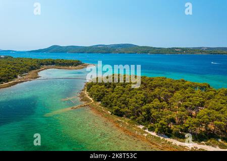 Aerial view about Otok Školjić next to St. Nicholas Fortress (Croatian: Tvrđava sv. Nikole) which located at the entrance to St. Anthony Channel Stock Photo