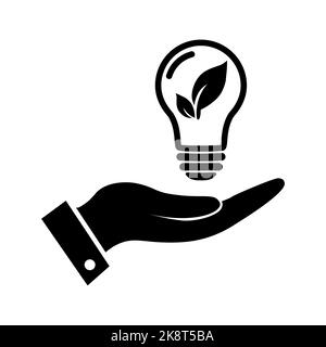 Light bulb with leaf in hand icon. Ecology ightbulb sign. Energy saving lamp symbol. Ecological energy icon, plant in the bulb. Vector illustration fo Stock Vector