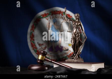 Virginia US state flag with statue of lady justice, constitution and judge hammer on black drapery. Concept of judgement and punishment Stock Photo