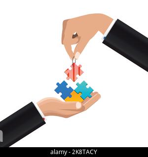 Two Businessmen putting puzzle pieces together. Vector illustration Stock Vector