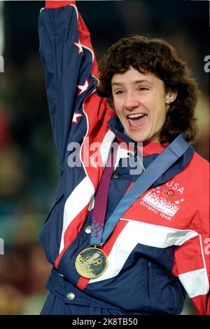 Hamar 1994-02-19 Olympic Games 1994 Lillehammer. Quick races, women, 500 meters. Here, Bonnie Blair (USA) is cheering on the victory podium with the gold medal. Photo: Lise Åserud / NTB / NTB Stock Photo