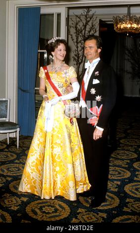 Oslo February 1973. Queen Margrethe of Denmark on an official visit to Norway. Queen Margrethe with her husband Prince Henrik during the Gala Dinner at Grand. Yellow dress, diadem and jewelry. Photo: NTB / NTB Stock Photo