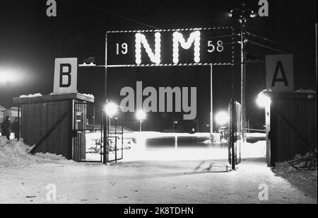 Notodden 19580118-19. NM skates The entrance to the ice rink under the NM on skates decorated with NM signs with light. Photo: NTB / NTB Stock Photo