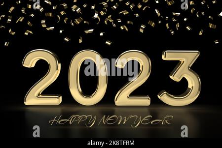 Gold numbers 2023 and sign Happy New Year in elegant style with confetti. Realistic 3d lettering. 3d render illustration on a black background. Horizo Stock Photo