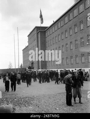 Grini 194505: The Peace Days May 1945. From Grini prison camp / concentration camp. Release. Prisoners outside the camp,- flag on the building. Photo: NTB / NTB Stock Photo