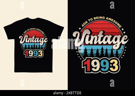 A grey Vintage 1993 t-shirt retro design vertical vector illustration with fancy font lettering 'age to being awesome' inscription Stock Vector