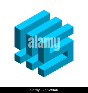 Triple S cube logo. 3D letter S cube. Blue geometric hexagon shape. Electronics industry concept. Three layers object. Construction and building ideas Stock Vector