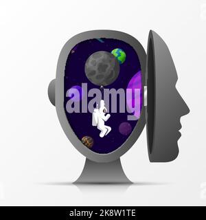 Creative mind. Astronaut in open head. Vector illustration Stock Vector