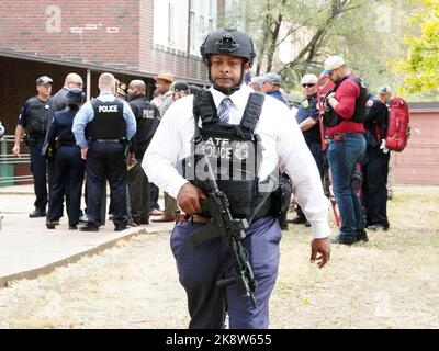 St. Louis, United States. 24th Oct, 2022. ATF agents respond to an active shooter situation in the Central Visual and Performing Arts High School in St. Louis on Monday, October 24, 2022. Three people are dead, including the gunman, who appeared to be in his 20's. Eight others were transported to area hospitals. Police have not disclosed the shooter's connection to the school. Photo by Bill Greenblatt/UPI Credit: UPI/Alamy Live News Stock Photo