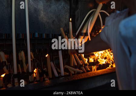 Sanctuary of Fatima, Portugal Candle burning place, close up to the flames. Stock Photo