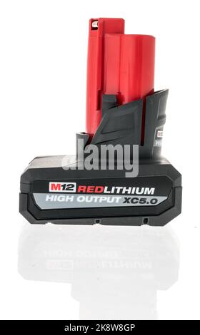 Winneconne, WI - 26 September 2022: A package of Milwaukee fuel M12 red lithium high output xc 5.0 battery on an isolated background. Stock Photo