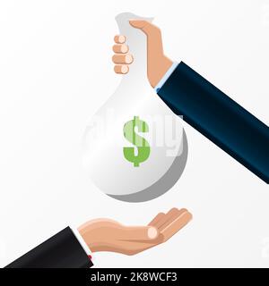 Human hand gives money bag to another person. Vector illustration Stock Vector