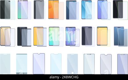 Protective glass for smartphone icons set cartoon vector. Glass crack. Screen mirror Stock Vector