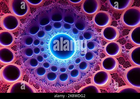 Fractal geometric shape with detailed structure, an illustration of the pattern complexity with infinite depth and complexity. Blue and pink tones. Stock Photo