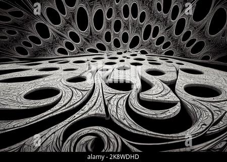 Fractal geometric shape with detailed structure, an illustration of the pattern complexity with infinite depth and complexity. Black and white. Stock Photo