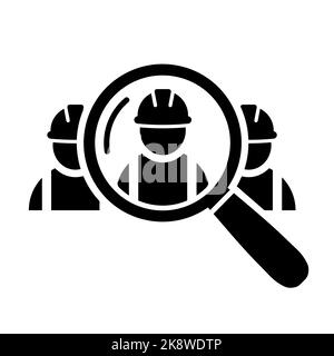 Industrial workers search icon in flat. - Construction workers reseach sign Building contractor symbol on white . Abstract builders icon in black Vect Stock Vector