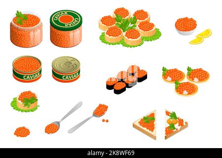 Isometric can of chum salmon caviar and sandwich. Glass jar with large chum salmon caviar, caviar in a tin can, spoon, bank, sushi, pancake. Stock Vector