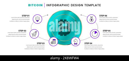 Infographic design template. Bitcoin concept with 6 steps. Can be used for workflow layout, diagram, banner, webdesign. Vector illustration Stock Vector